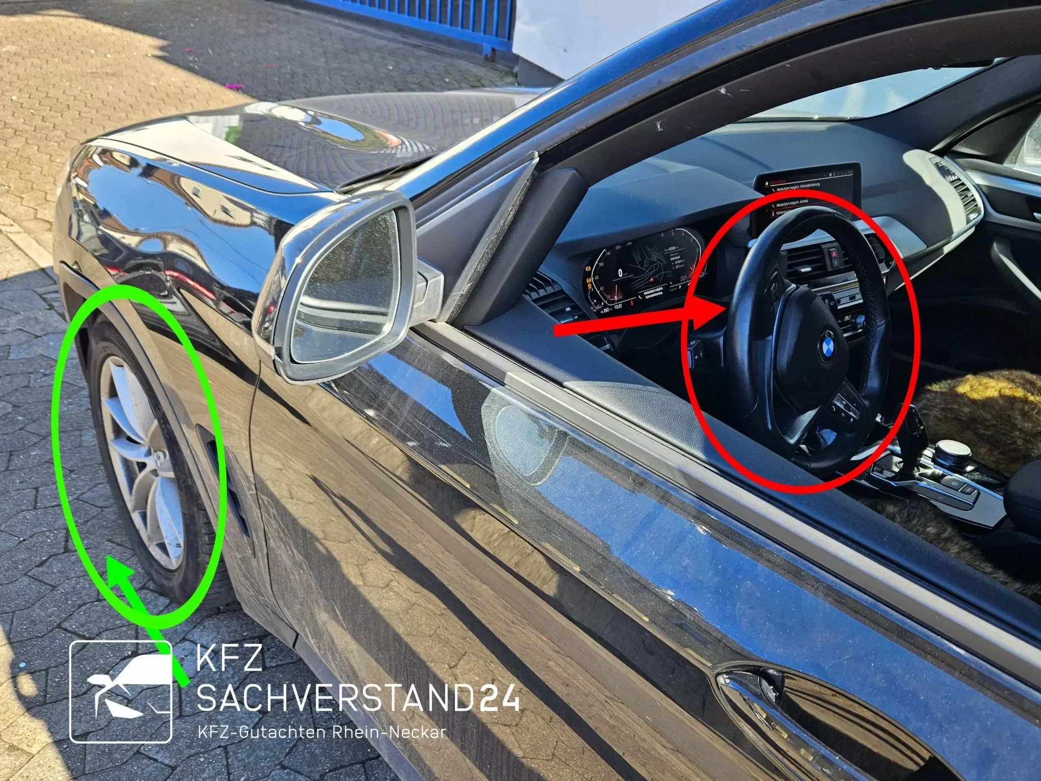 Bmw X3 mit Achschaden wird begutachtet von einem Kfz Gutachter von Kfz Sachverstand 24 für ein Unfallgutachten